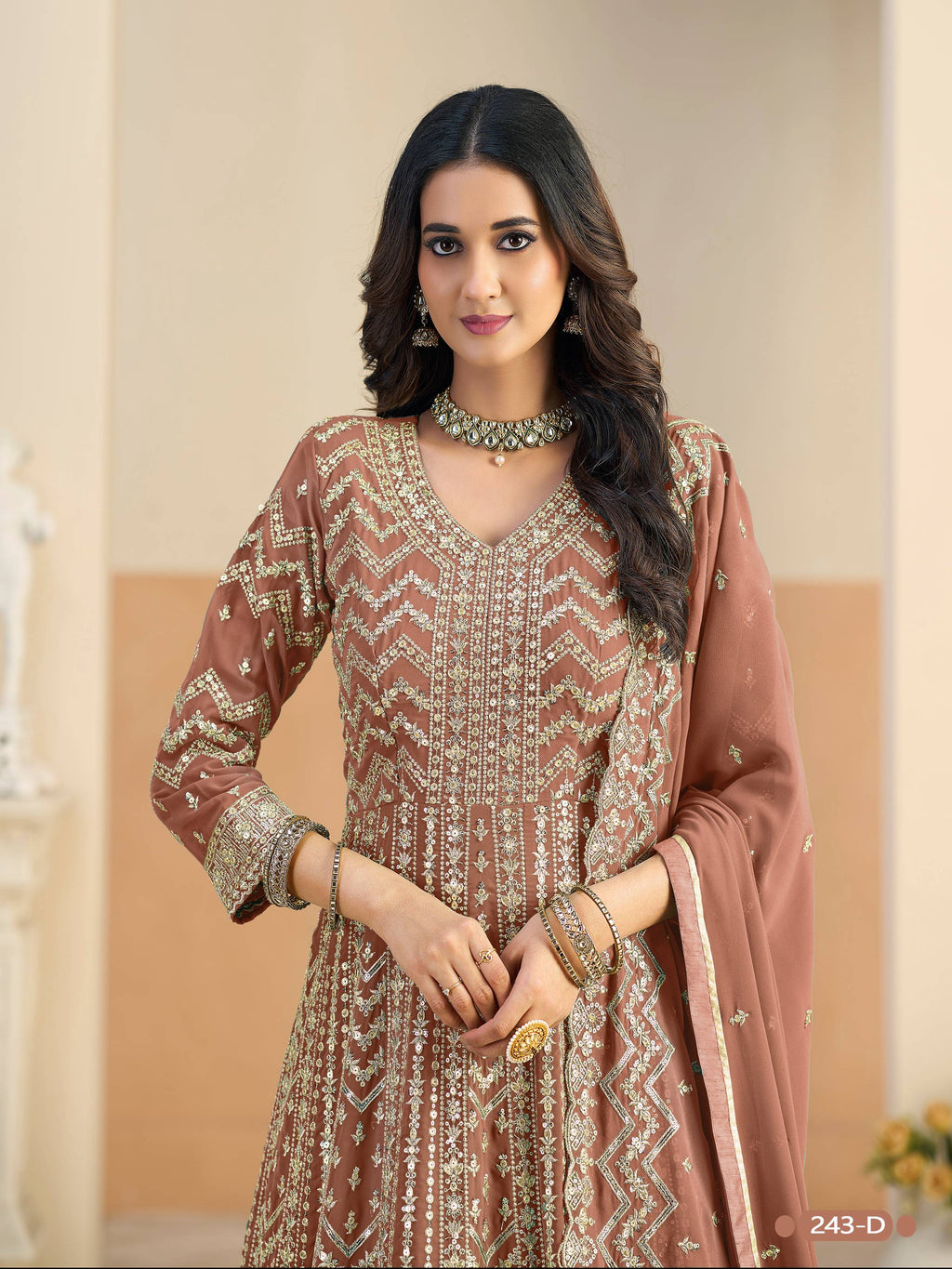 Anaita Brown Faux Georgette Anarkali Suit With Embroidery Work