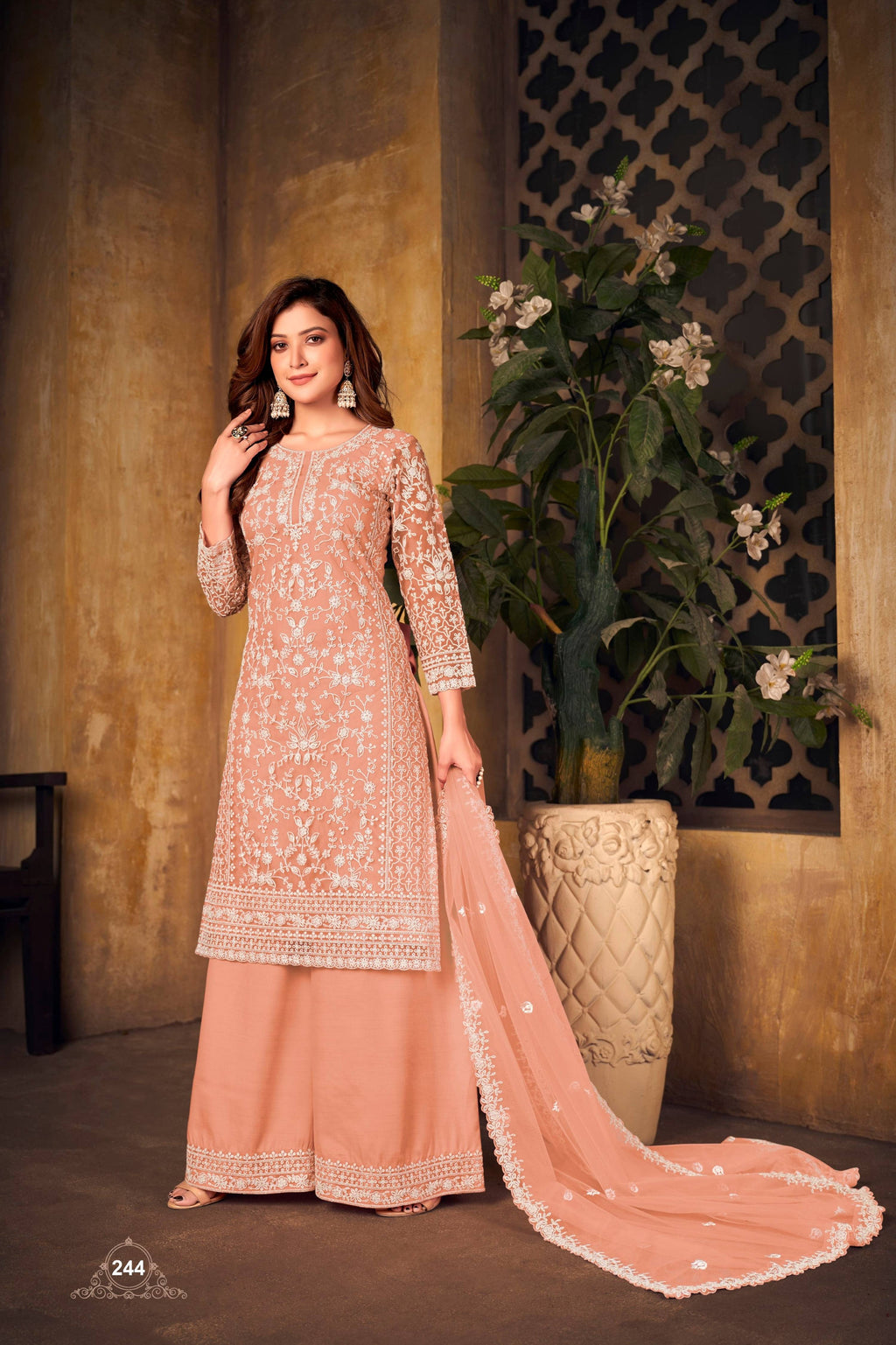 Anaita Orange Embroidered Net Plazzo Suit