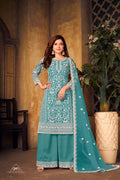 Anaita Teal Embroidered Net Plazzo Suit
