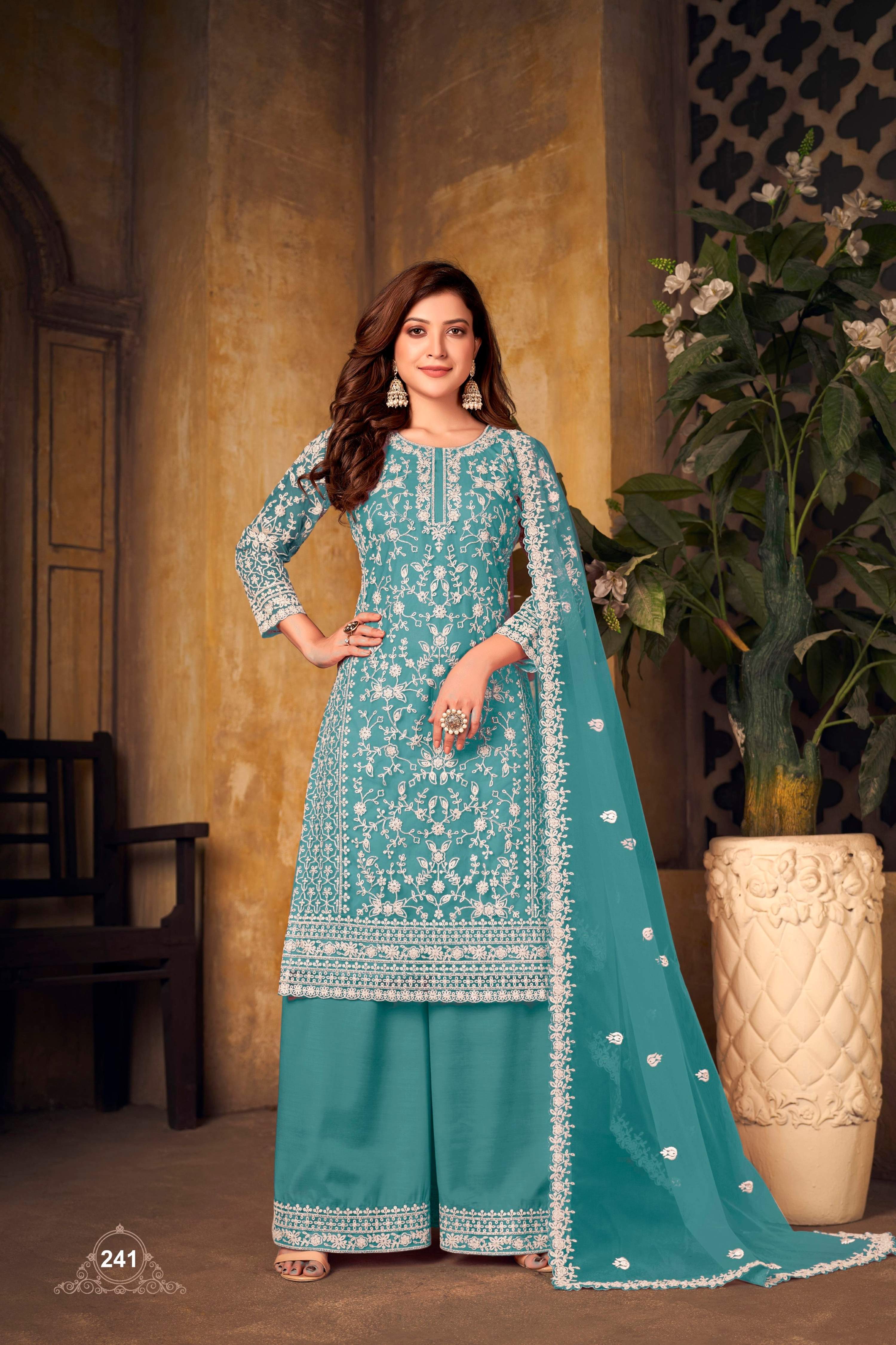 Anaita Teal Embroidered Net Plazzo Suit