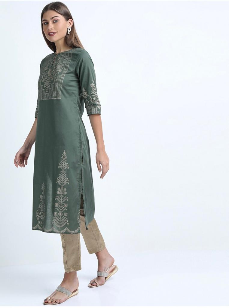 Maai Rayon Hand Printed Kurta Green