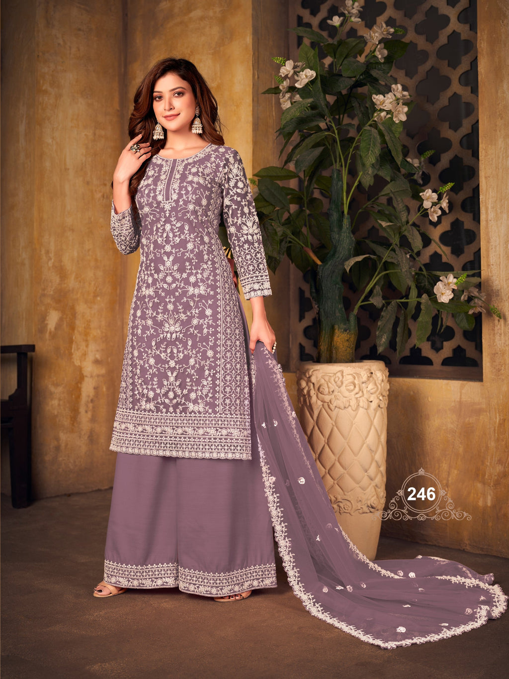 Anaita Lavender Embroidered Net Plazzo Suit
