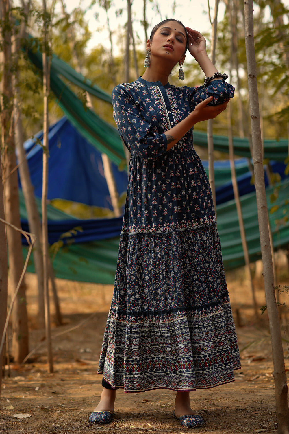 Juniper Indigo Ethnic Motif Printed Pure Cotton Tiered Maxi Dress