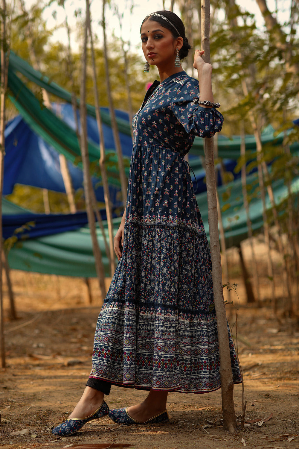 Juniper Indigo Ethnic Motif Printed Pure Cotton Tiered Maxi Dress