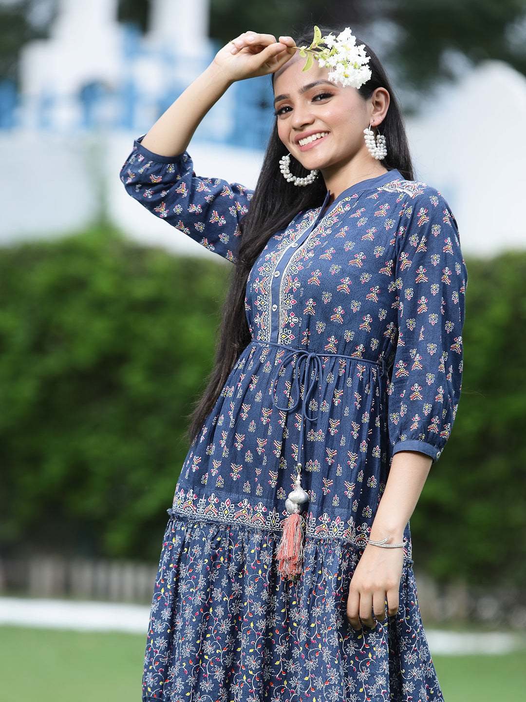 Juniper Womens Indigo Cambric Printed Dress