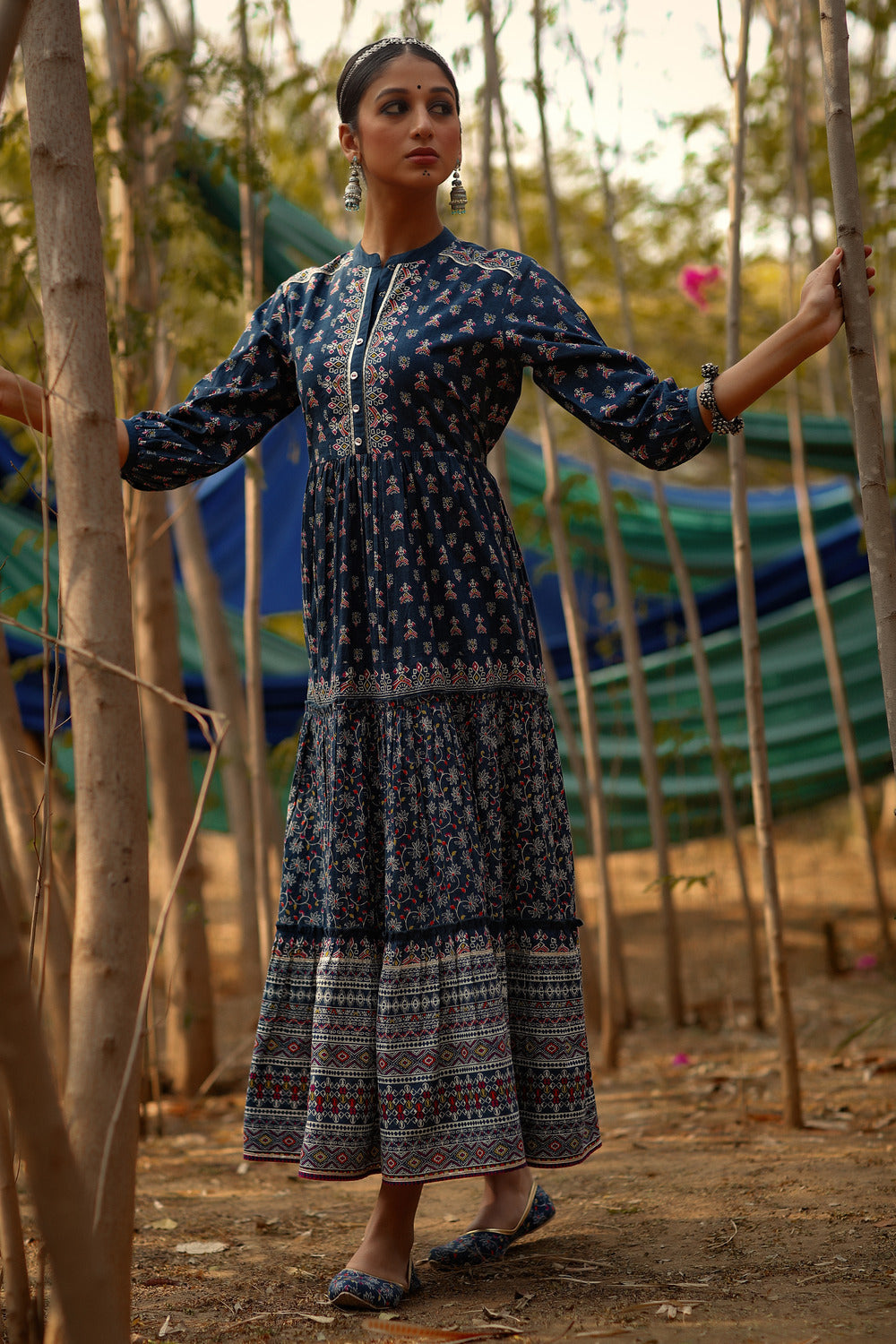 Juniper Indigo Ethnic Motif Printed Pure Cotton Tiered Maxi Dress