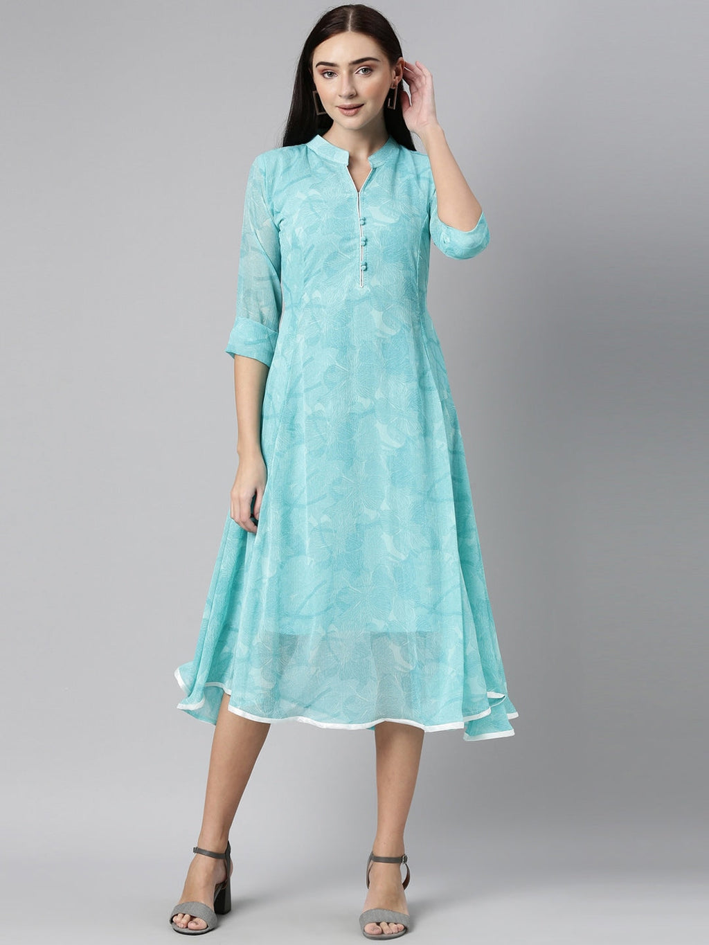 Souchii Blue Floral Chiffon A-Line Midi Dress