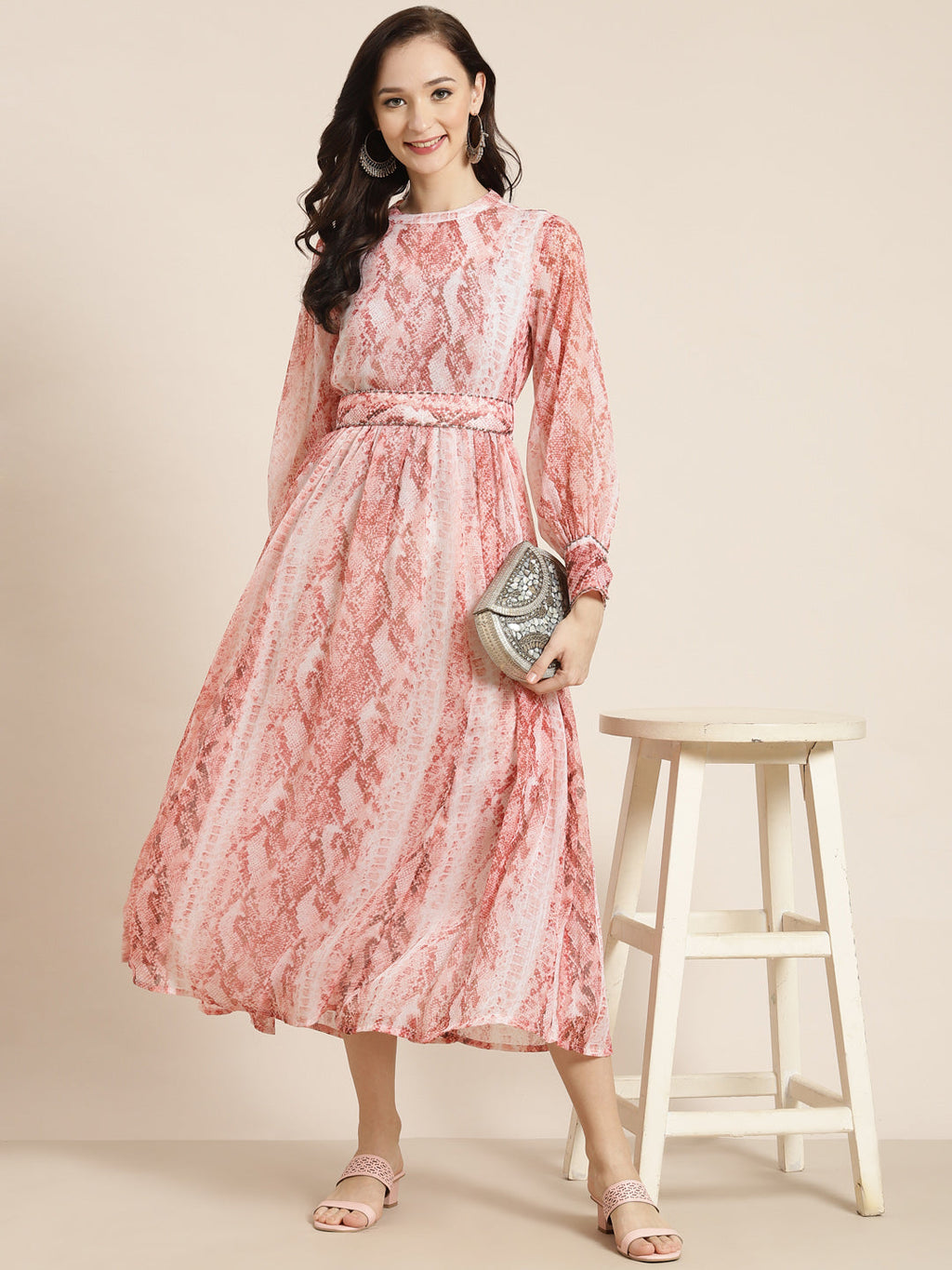 Juniper Womens Peach Chiffon Digital Printed Maxi Dress