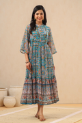 Juniper Womens Aqua Blue Chiffon Digital Printed Tiered Maxi Dress