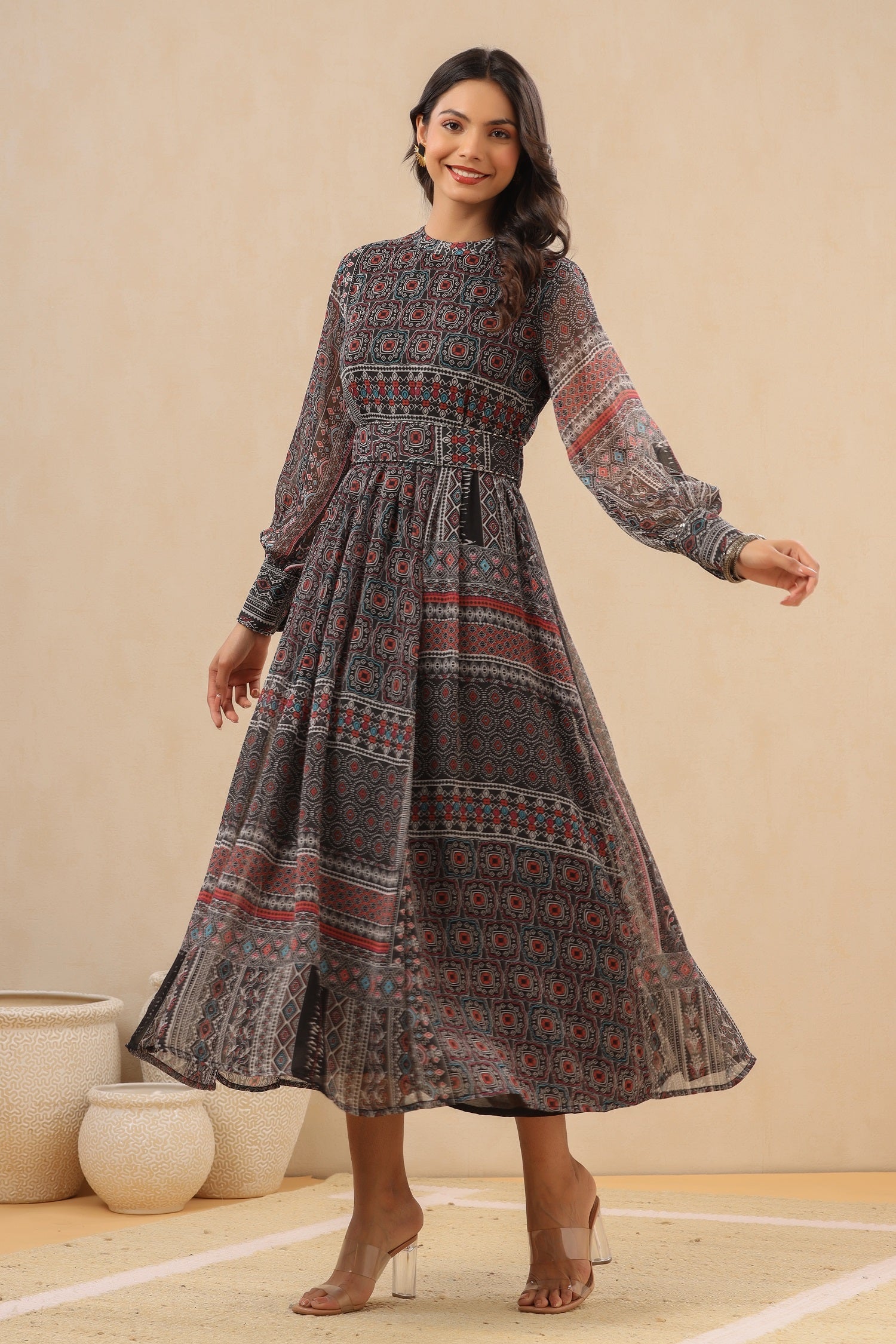 Juniper Womens Navy Blue Multicolor Geometric Digital Printed Maxi Dress With Bead Handwork