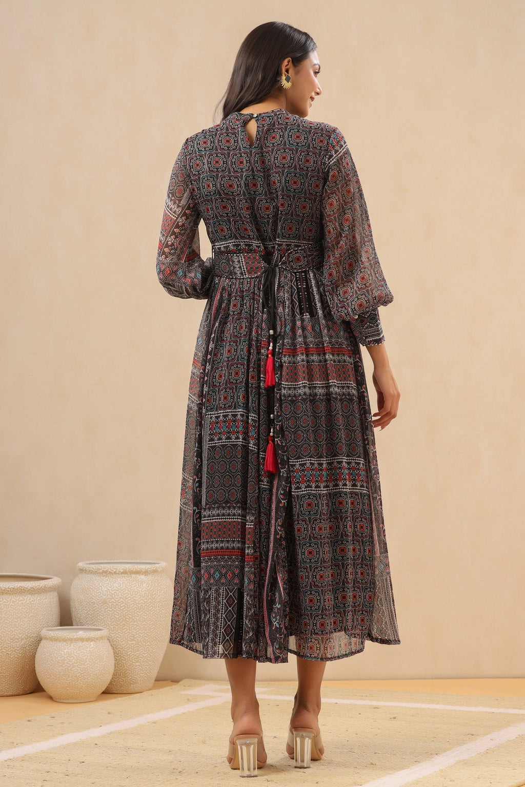 Juniper Womens Navy Blue Multicolor Geometric Digital Printed Maxi Dress With Bead Handwork
