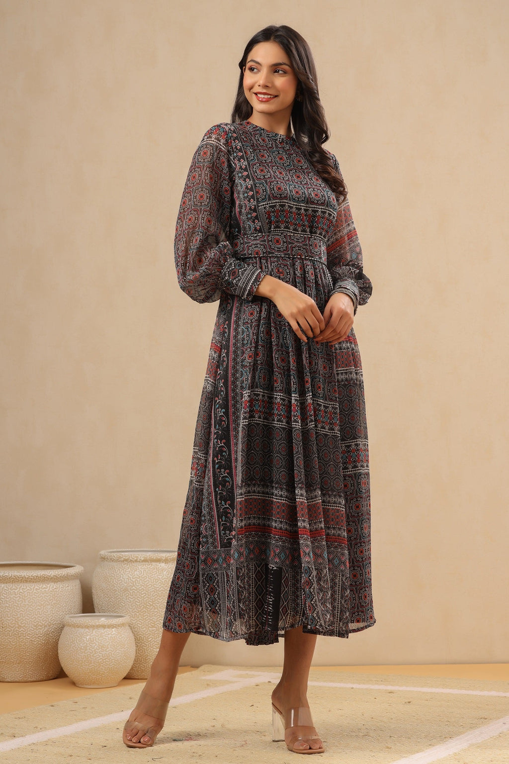 Juniper Womens Navy Blue Multicolor Geometric Digital Printed Maxi Dress With Bead Handwork