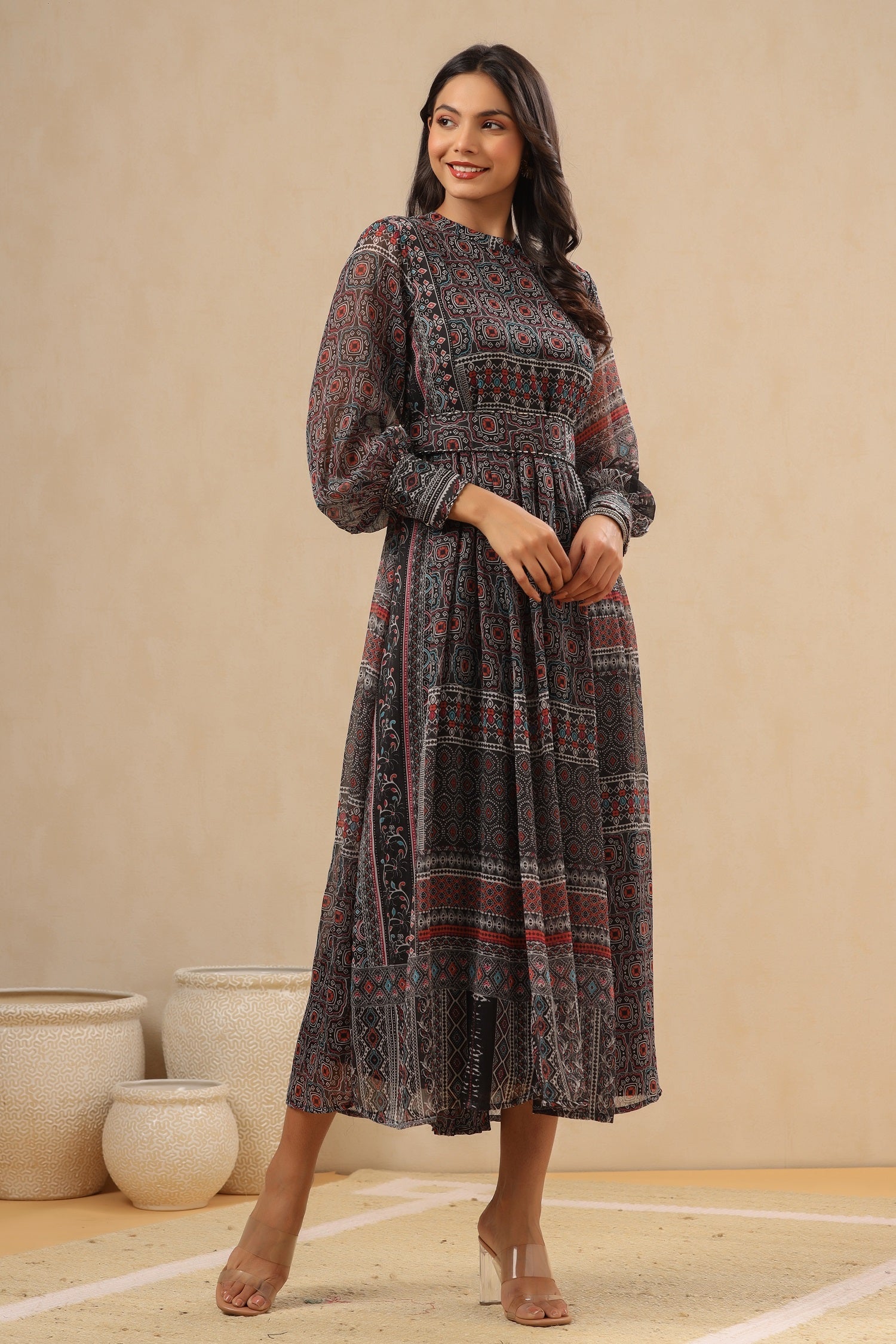 Juniper Womens Navy Blue Multicolor Geometric Digital Printed Maxi Dress With Bead Handwork