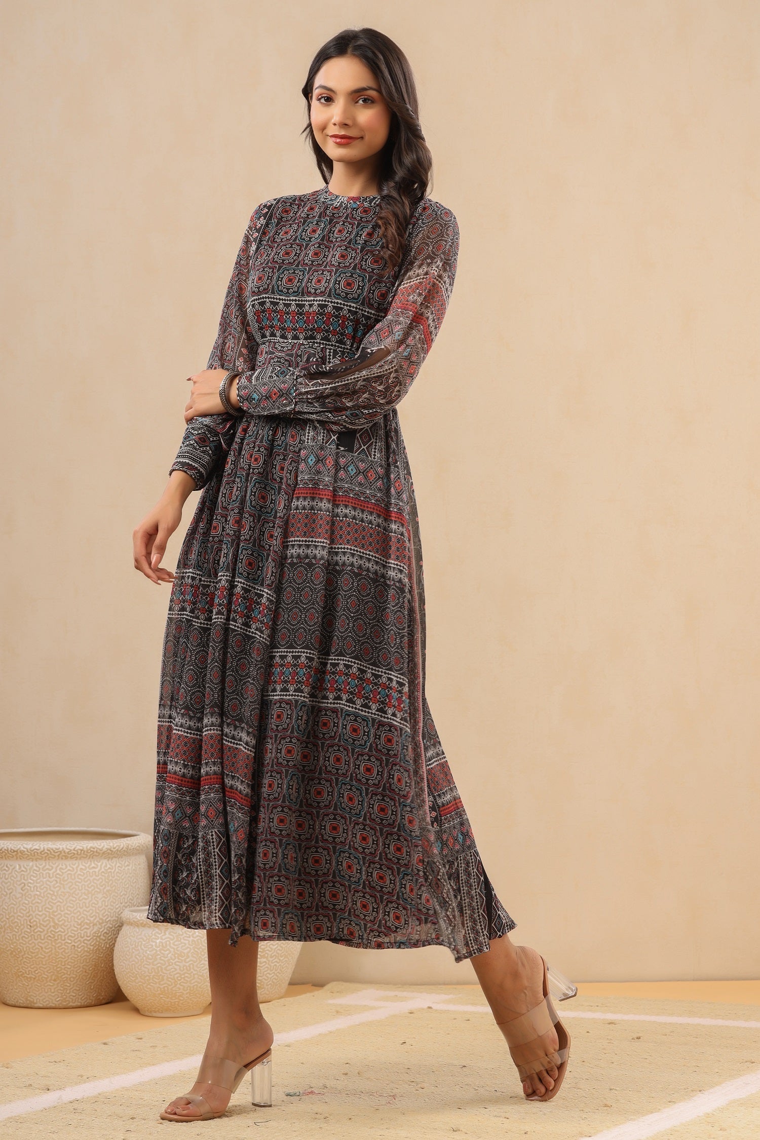 Juniper Womens Navy Blue Multicolor Geometric Digital Printed Maxi Dress With Bead Handwork