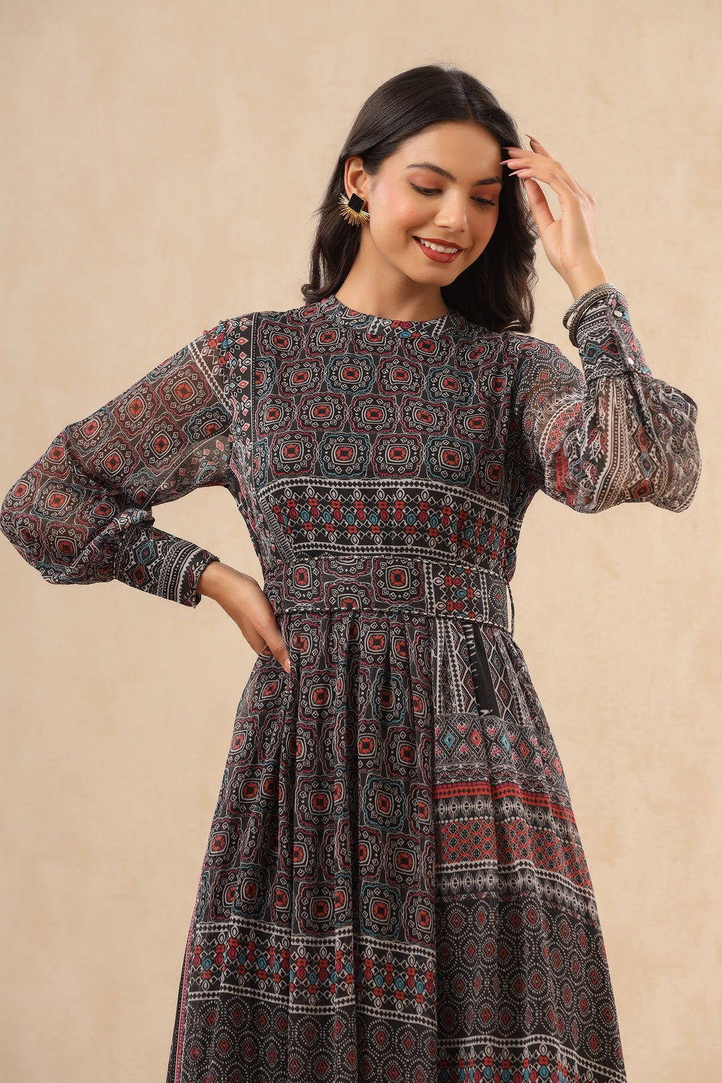 Juniper Womens Navy Blue Multicolor Geometric Digital Printed Maxi Dress With Bead Handwork