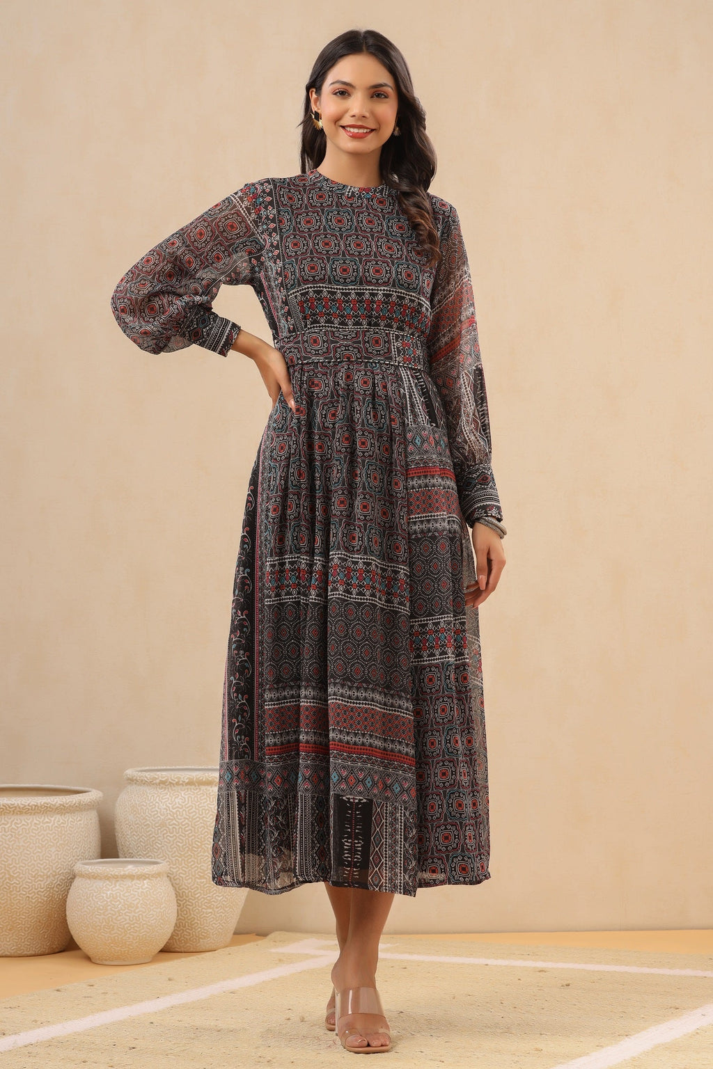Juniper Womens Navy Blue Multicolor Geometric Digital Printed Maxi Dress With Bead Handwork