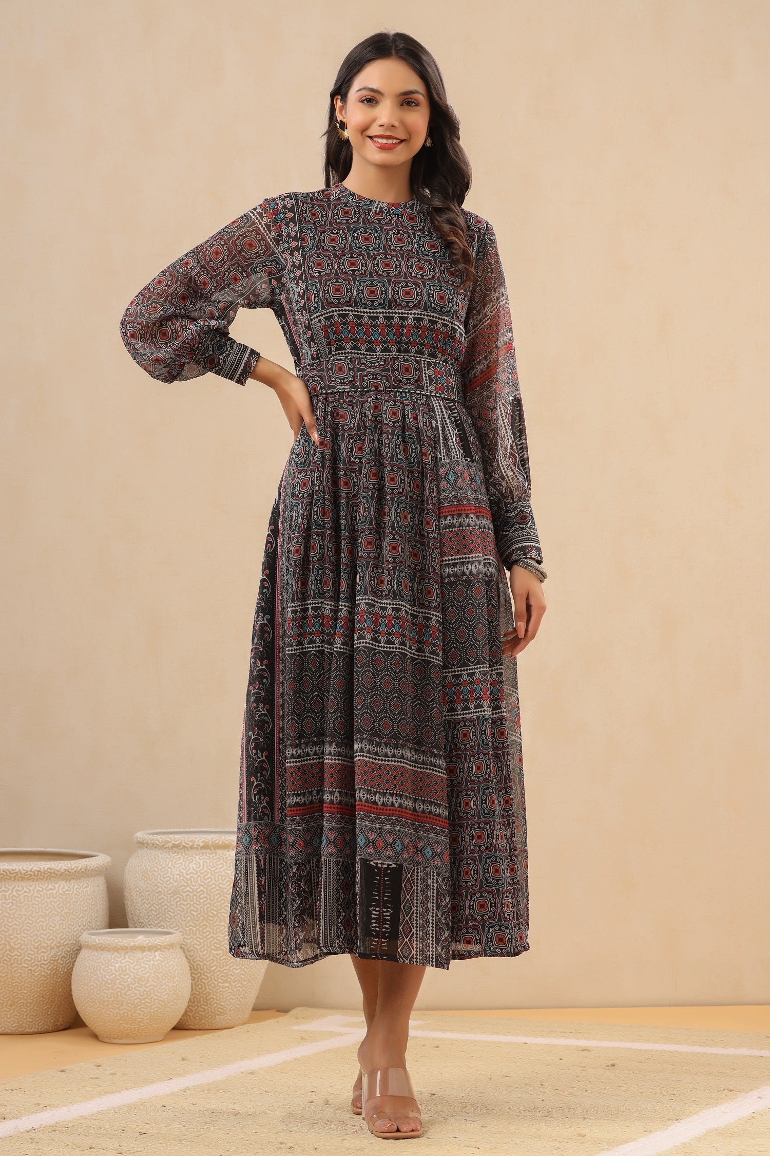 Juniper Womens Navy Blue Multicolor Geometric Digital Printed Maxi Dress With Bead Handwork