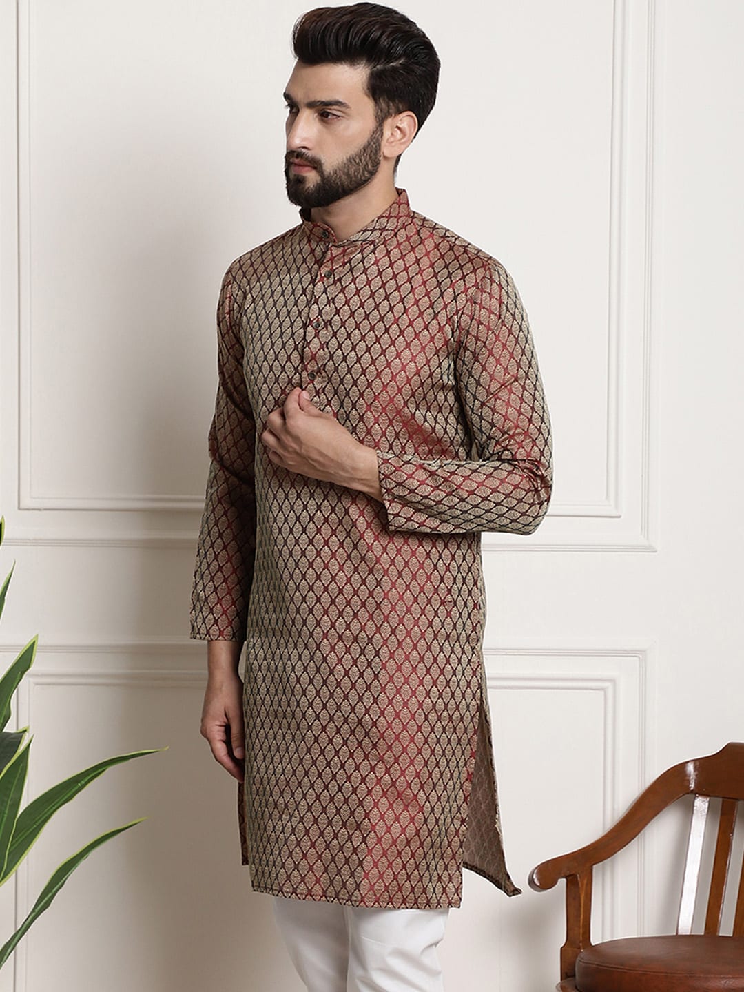 Sojanya Men Maroon & Golden Ethnic Motifs Jacquard Silk Kurta