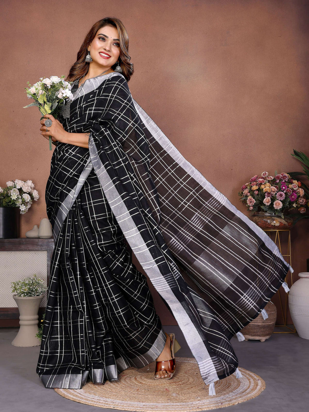 Aastha Fashion Black Linen Weaving Saree