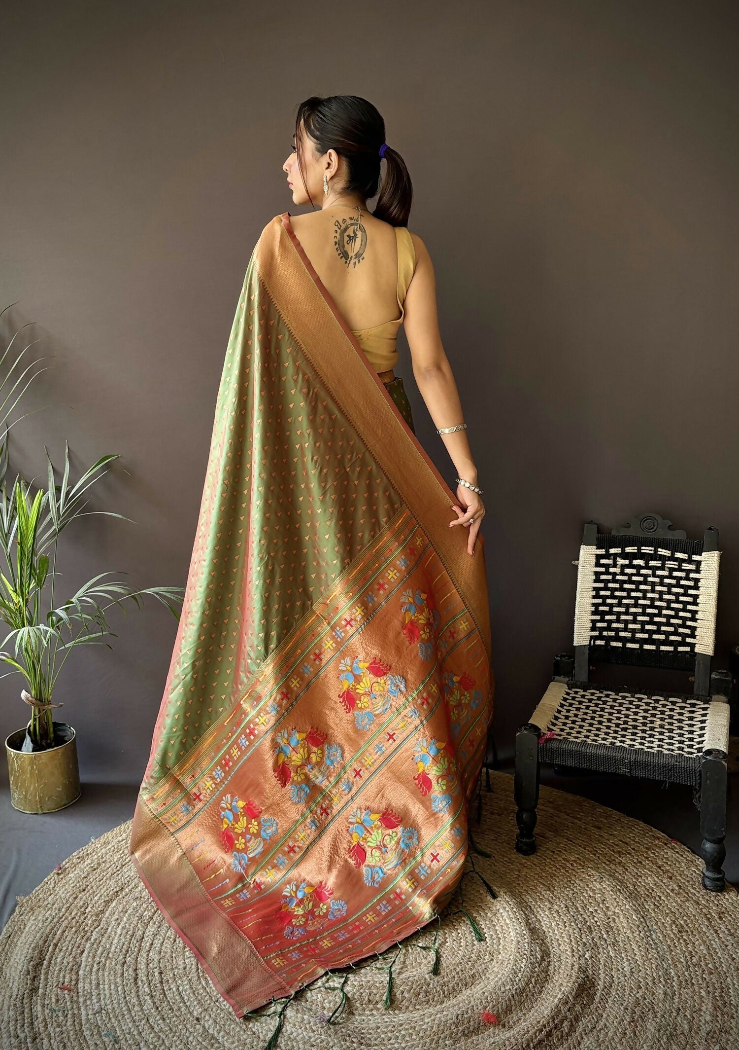 Joban Fashion Olive Green Jacquard Butti Soft Lichi Silk Paithani Saree