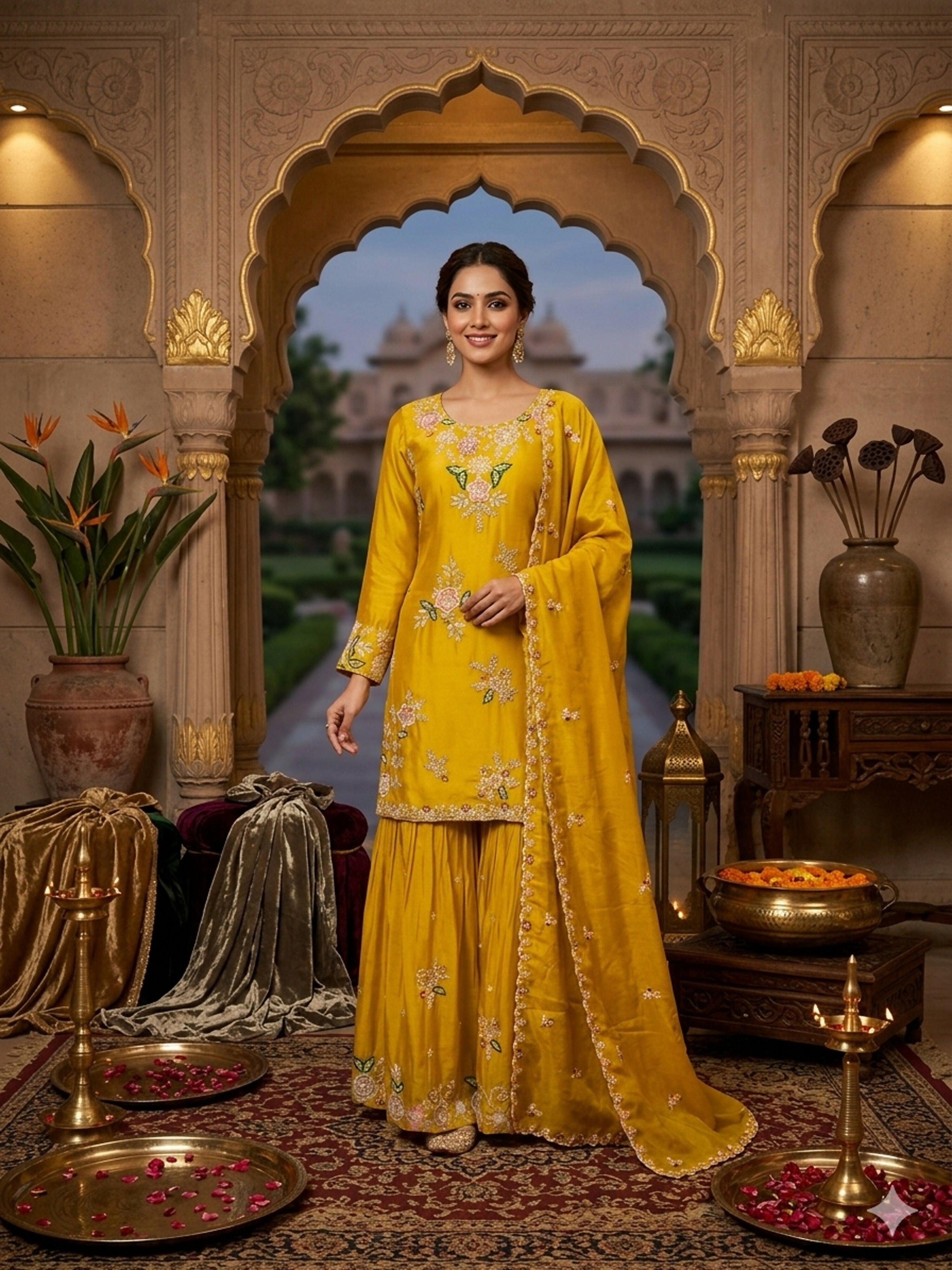 Stylish Designer Stitched Yellow Pure Viscose Crepe Embroidery Hand Work Stitched Sharara Suit - Anbazaar