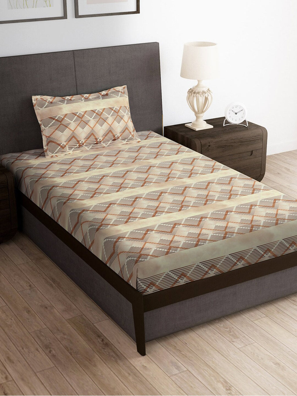 Story@home Brown & White Striped Microfiber 180 TC Bedsheet With Pillow Cover