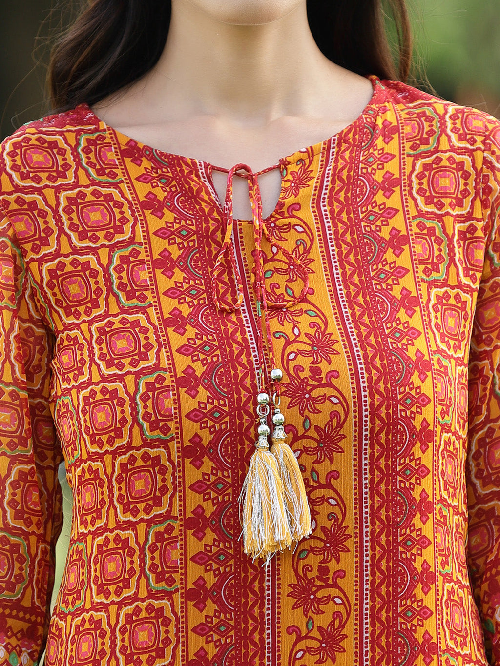 Juniper Womens Mustard Chiffon Printed Straight Kurta