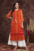 Juniper Women's Mustard Chiffon Printed Straight Kurta
