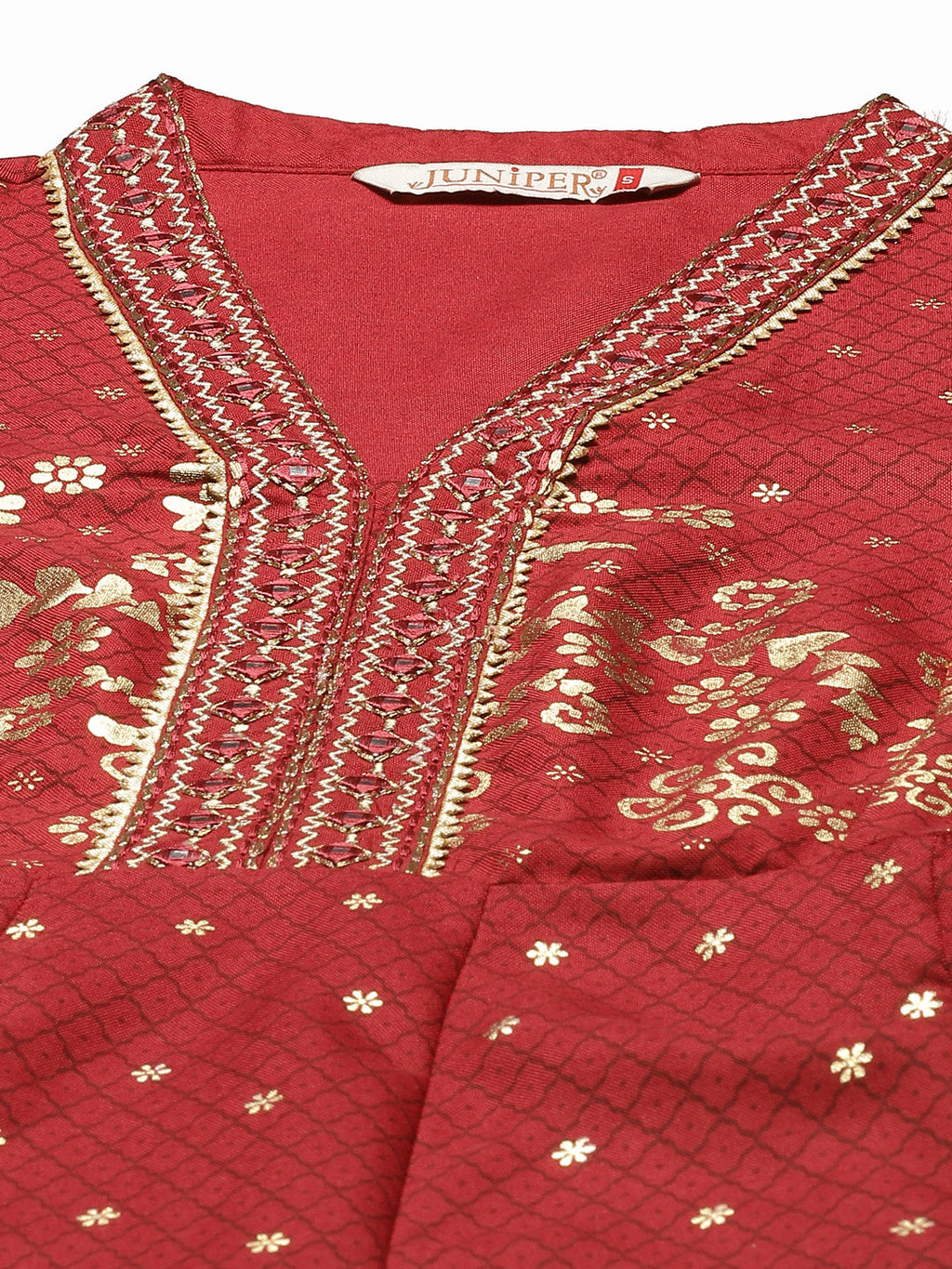 Juniper Womens Maroon Rayon Foil Printed Kalidar Maxi Dress With Mirror Embroidery