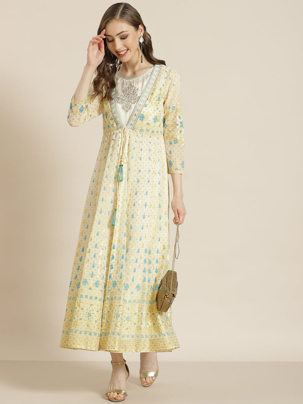 Juniper Women Ivory Georgette Printed Jacket Style Dress