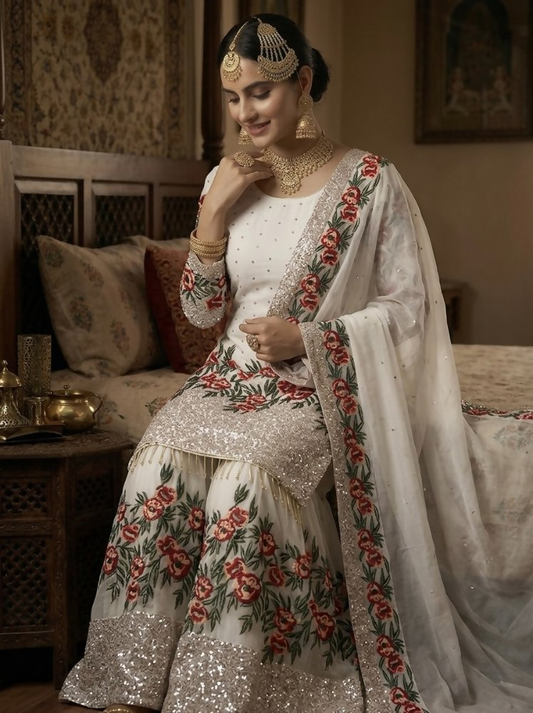 Teeya Creation White Fendy Silk Heavy Embroidery Work Party Wear Sharara Suit