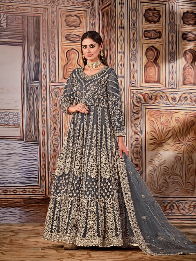 Anaita Grey Embroidered Net Anarkali Suit
