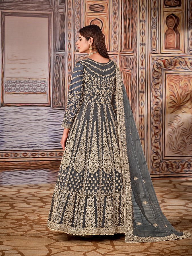 Anaita Grey Embroidered Net Anarkali Suit
