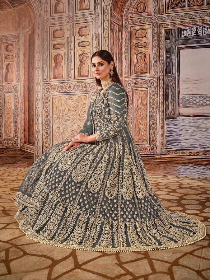 Anaita Grey Embroidered Net Anarkali Suit