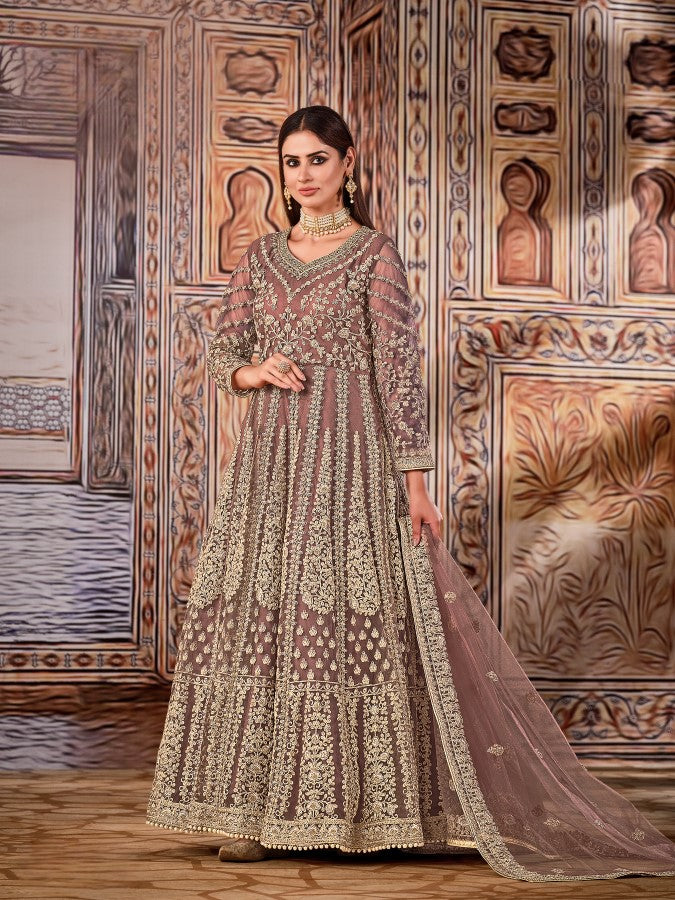 Anaita Light Brown Embroidered Net Anarkali Suit