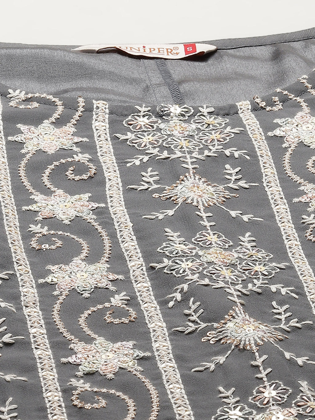 Juniper Womens Grey Georgette Embroidered Kurta With Santoon Lining, Solid Embroidered Garara & Shiffon Solid Dupatta Set