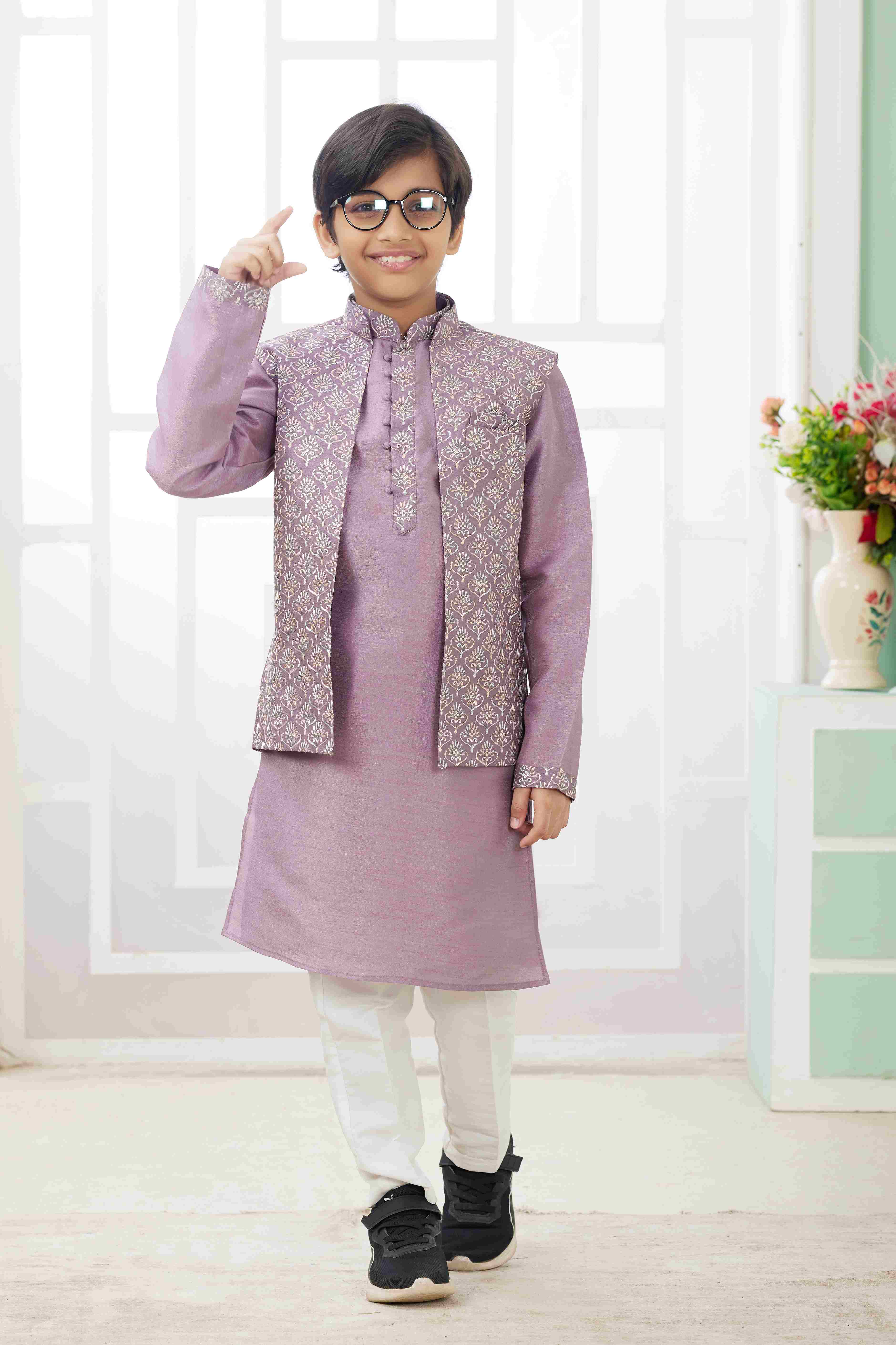 Raivat Ethnic Art Silk Embroidery Work 3 Pics Jacket Set In Dark Onion Pink Colour