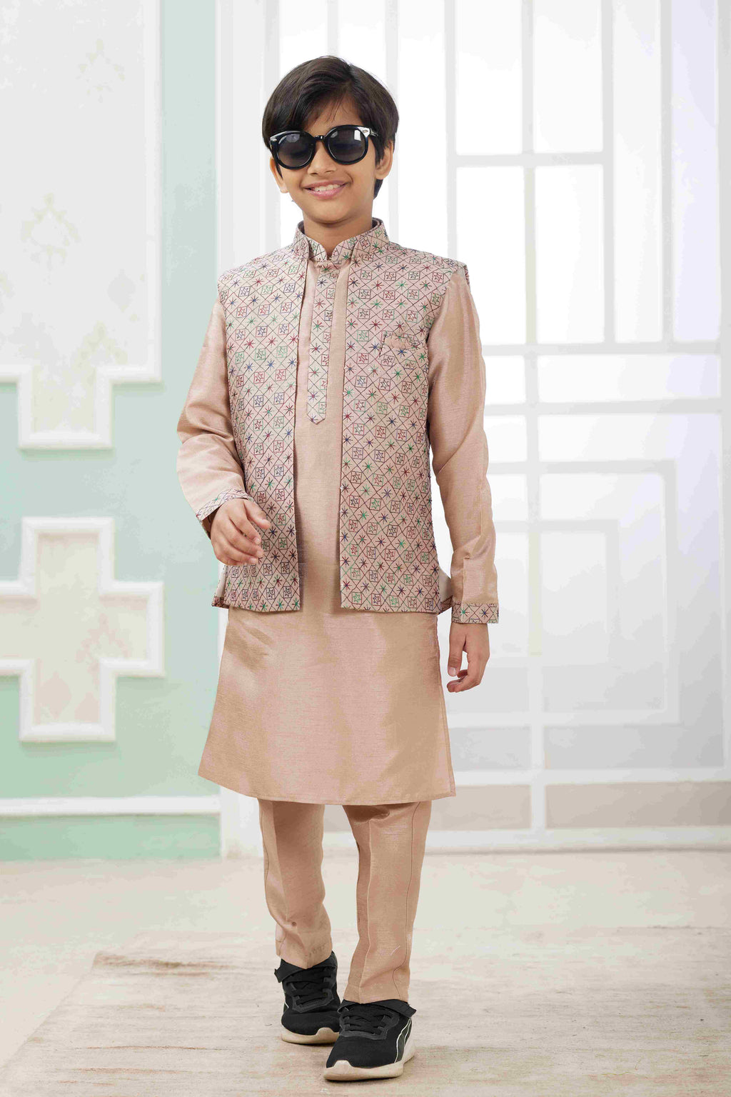 Raivat Ethnic Art Silk Embroidery Work 3 Pics Jacket Set In Peach Colour