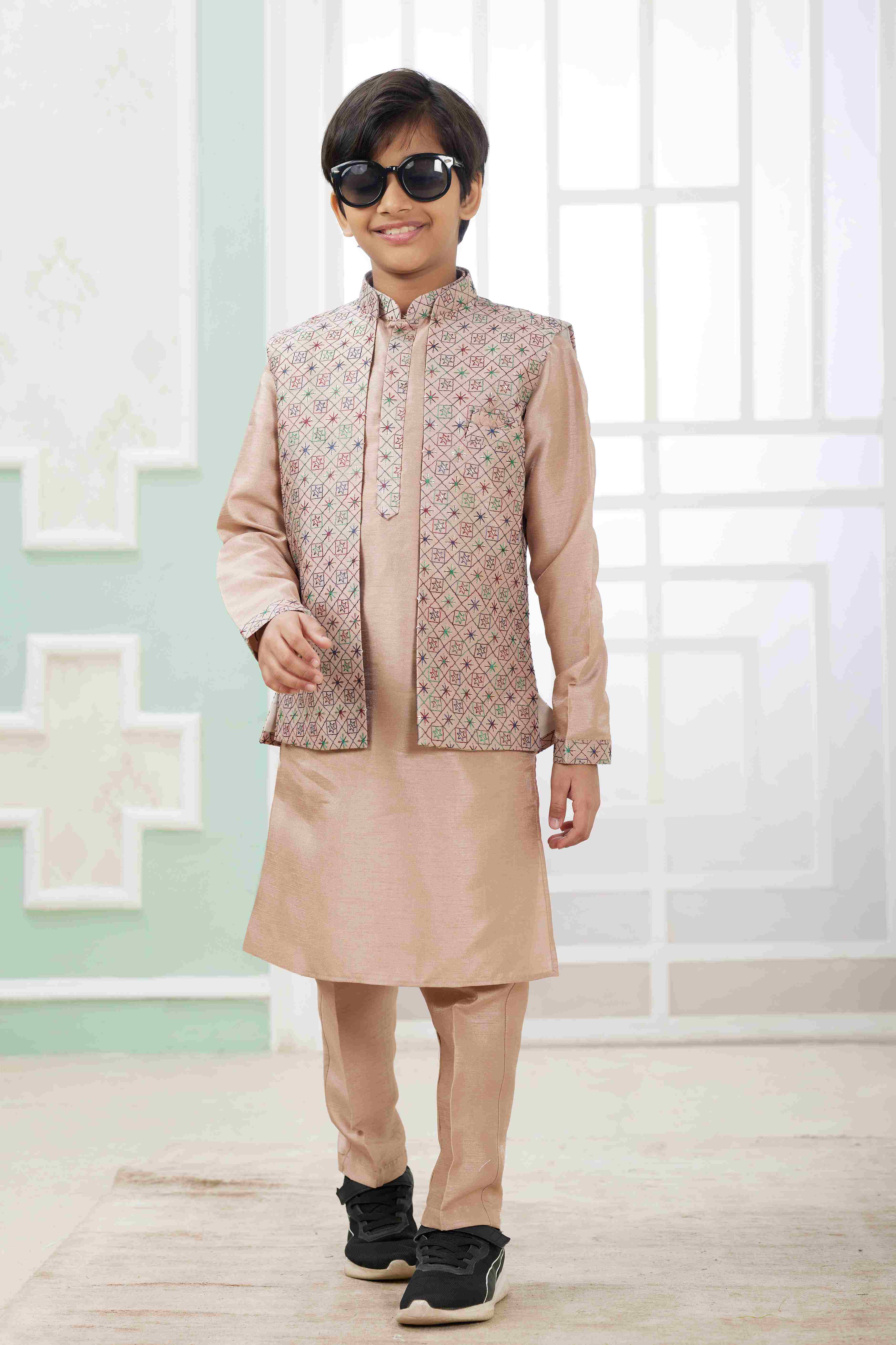 Raivat Ethnic Art Silk Embroidery Work 3 Pics Jacket Set In Peach Colour
