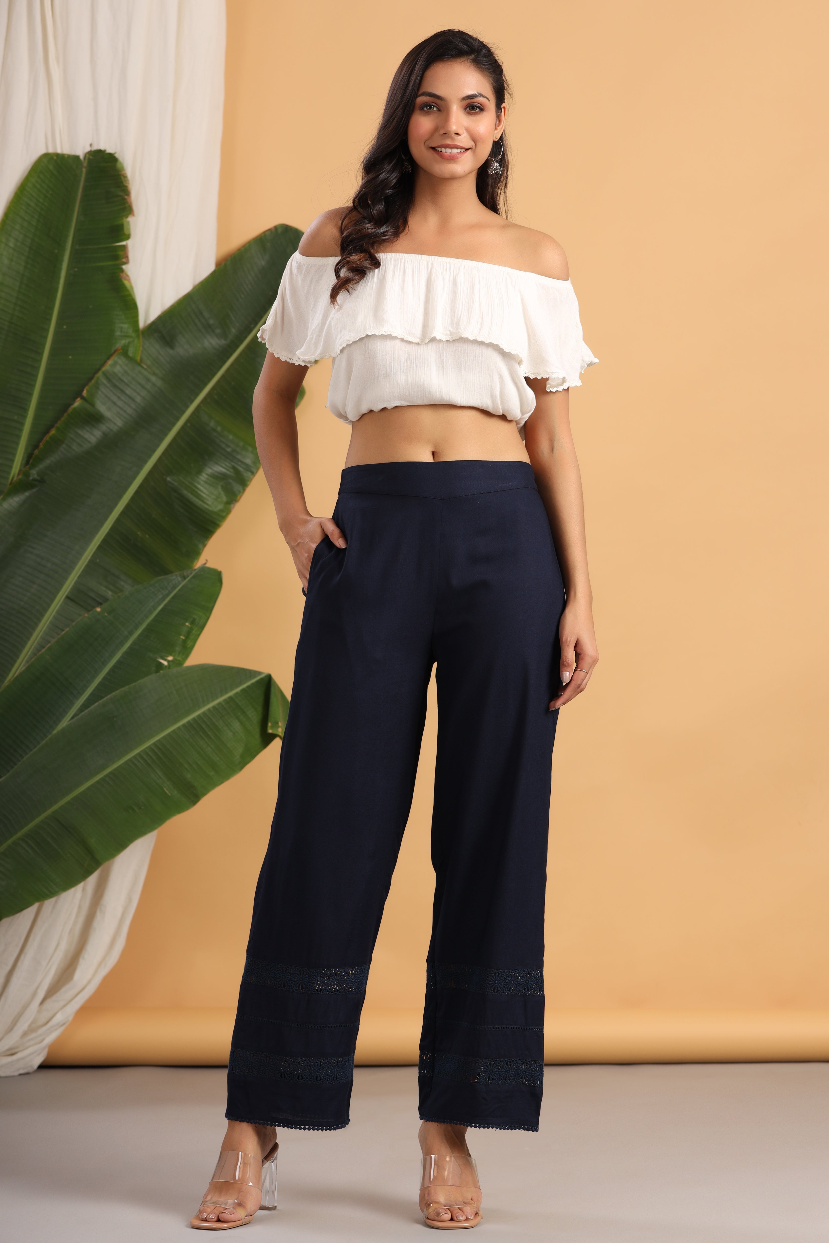 Juniper Navy Blue Solid Rayon Flared Ankle-Length Palazzo