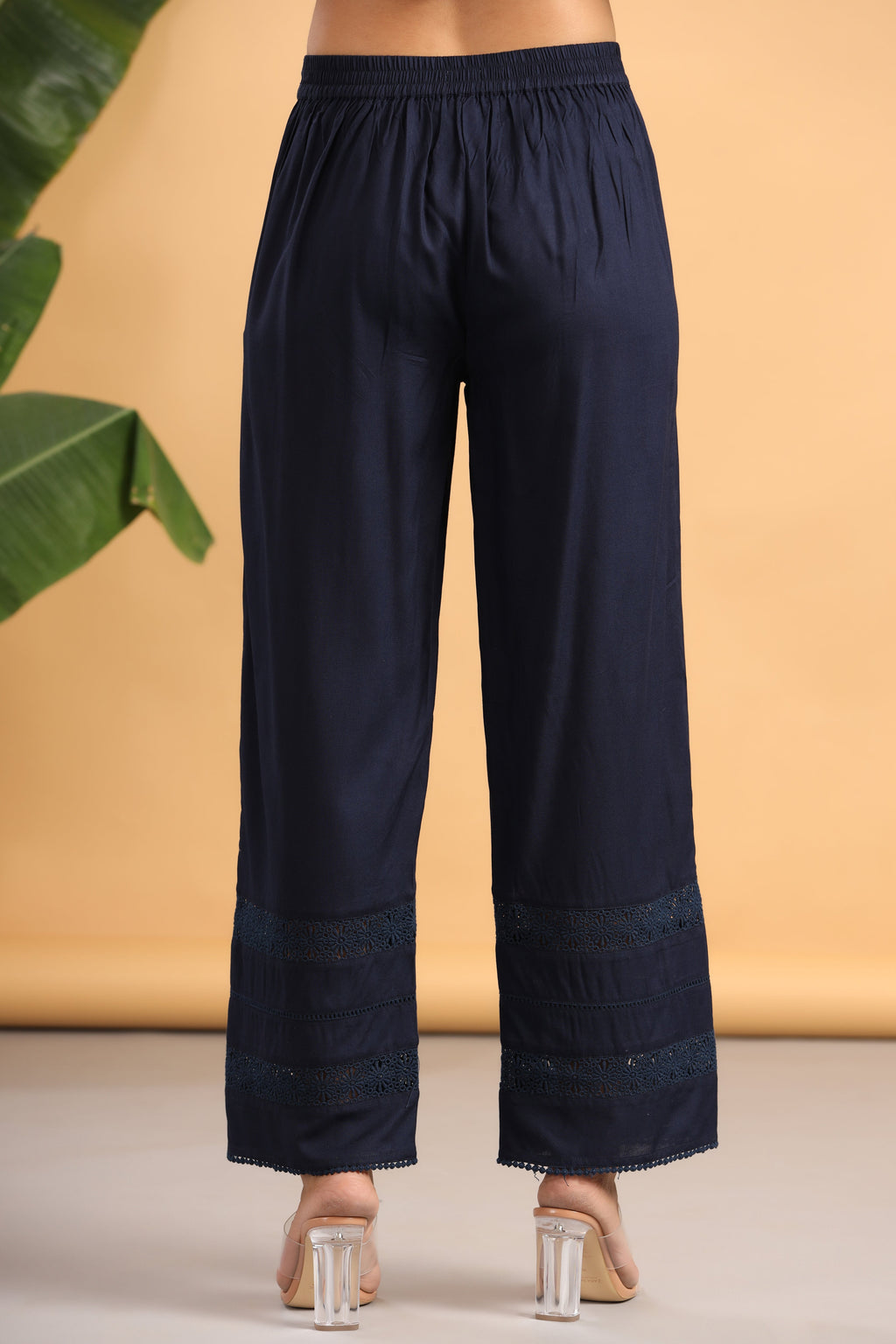 Juniper Navy Blue Solid Rayon Flared Ankle-Length Palazzo