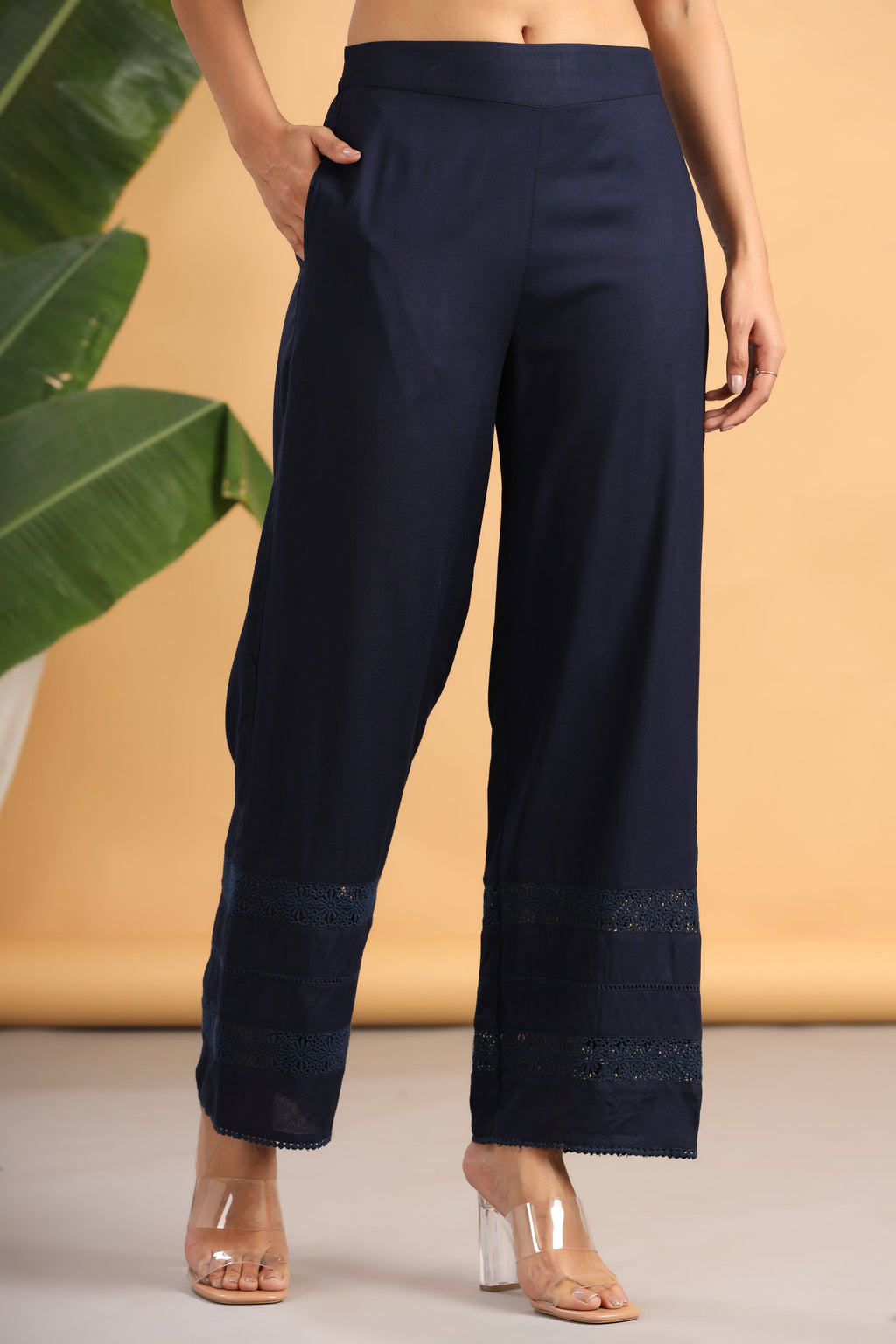 Juniper Navy Blue Solid Rayon Flared Ankle-Length Palazzo