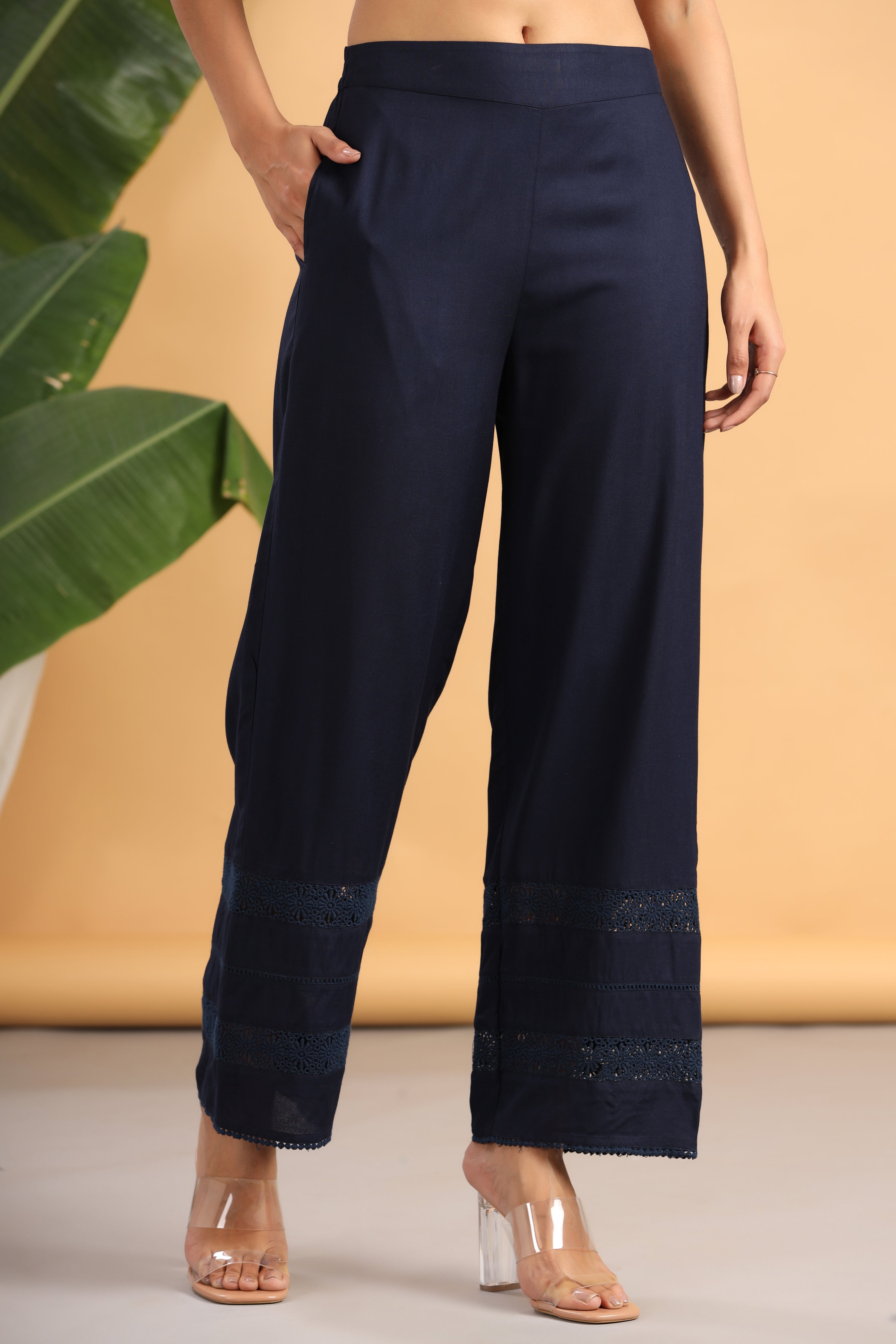 Juniper Navy Blue Solid Rayon Flared Ankle-Length Palazzo