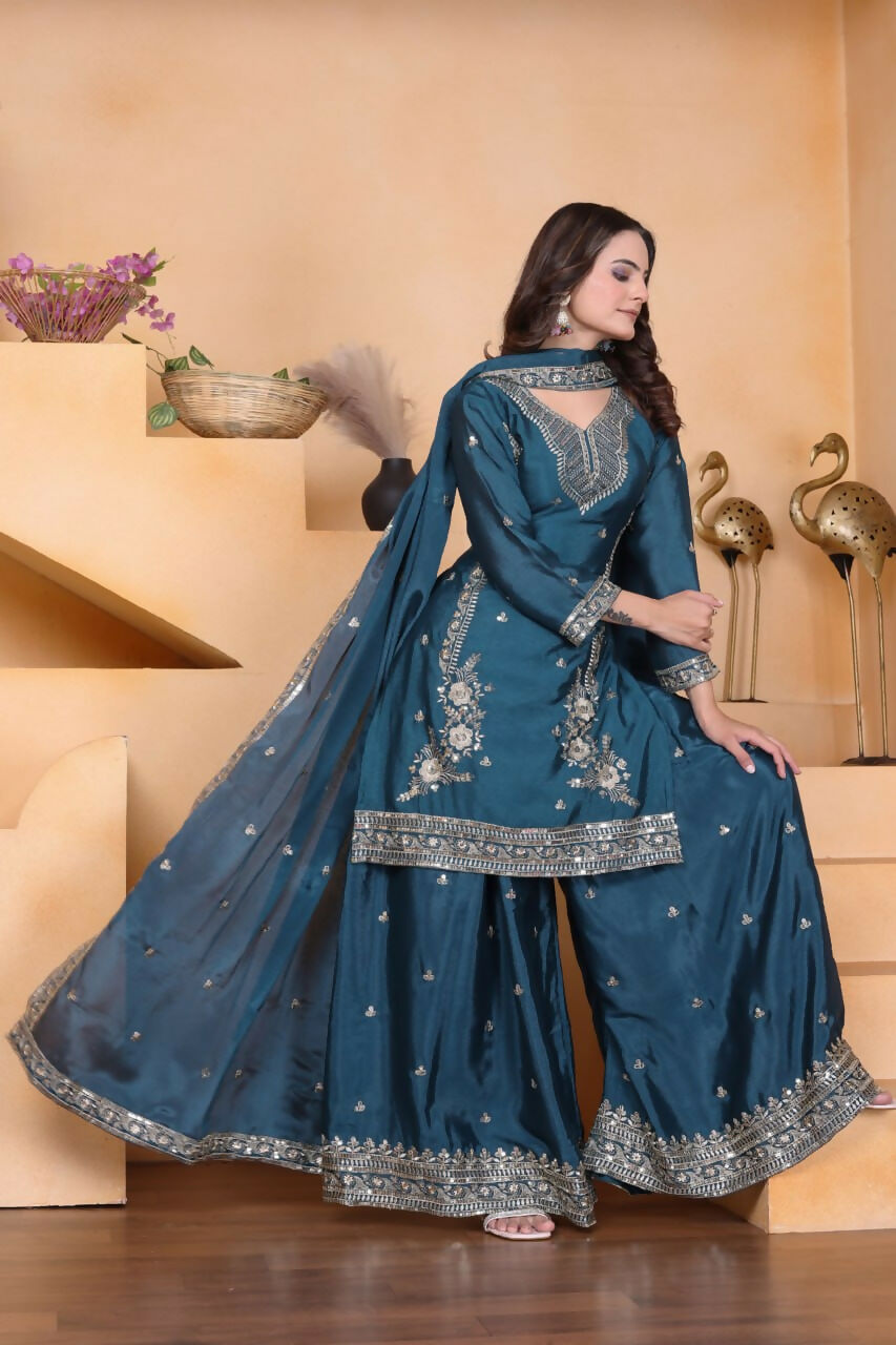 Teeya Creation Teal Color Chinon Silk Wedding Wear Trending Palazzo Set