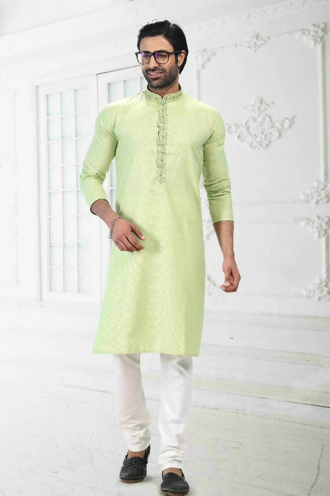 Raivat Ethnic Linen Cotton Thread Work Kurta Pajama In Pista Green Colour