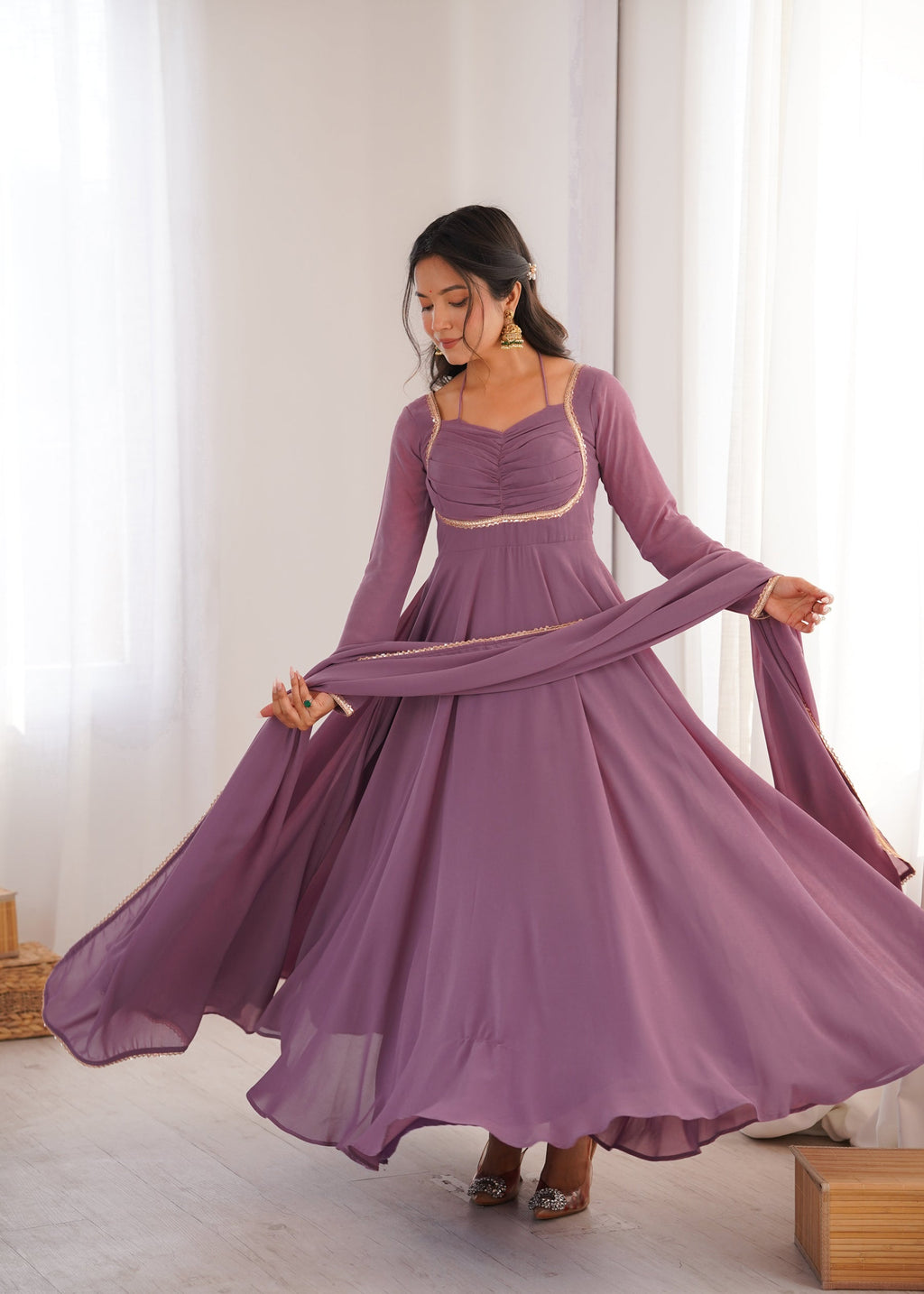 Lorenvalley Fashion Mauve Faux Georgette Fancy Designer Yoke Dori Neck Anarkali Gown with Dupatta