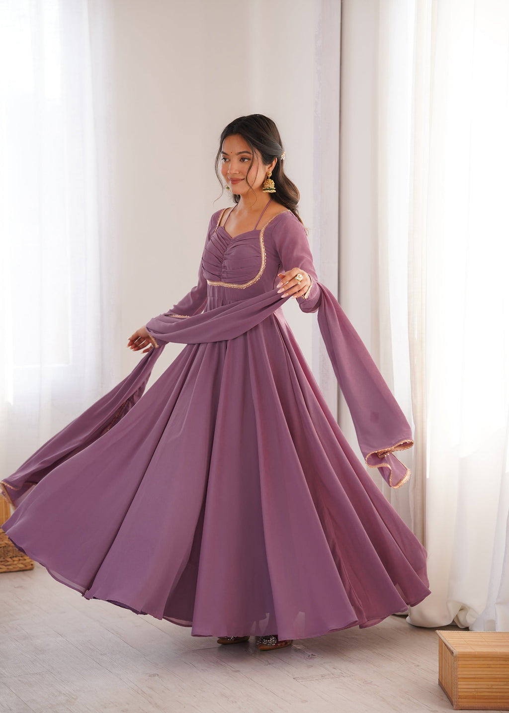 Lorenvalley Fashion Mauve Faux Georgette Fancy Designer Yoke Dori Neck Anarkali Gown with Dupatta