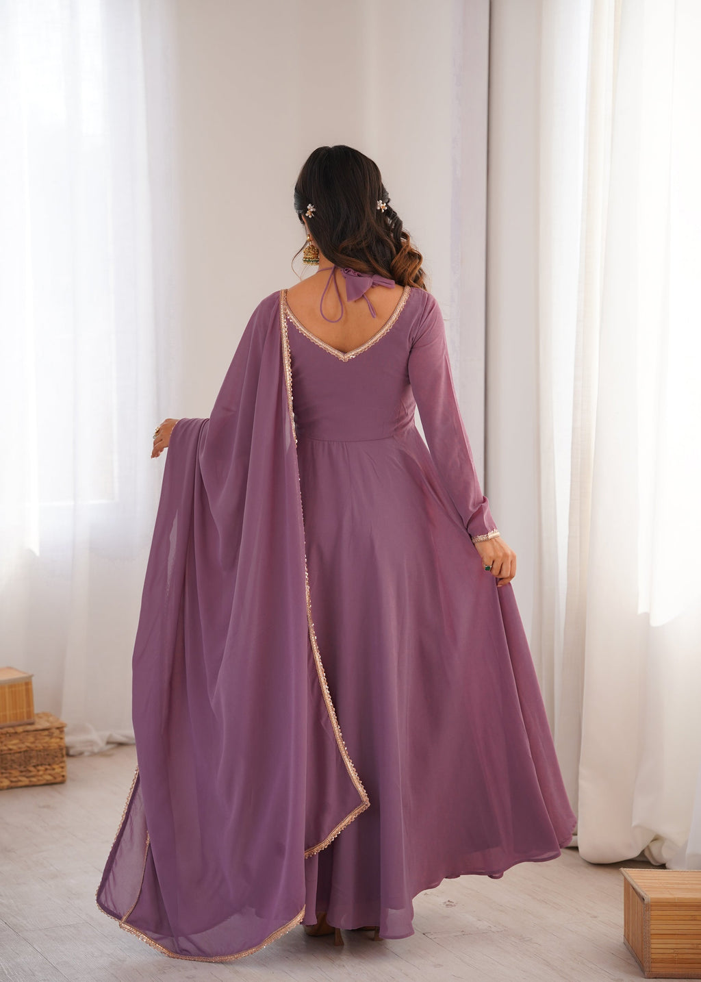 Lorenvalley Fashion Mauve Faux Georgette Fancy Designer Yoke Dori Neck Anarkali Gown with Dupatta