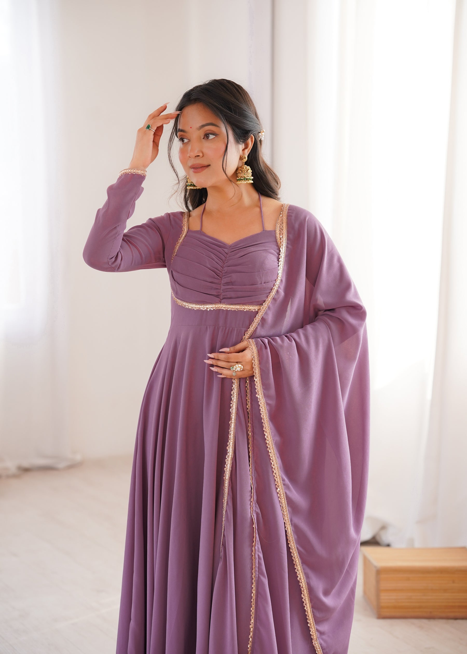 Lorenvalley Fashion Mauve Faux Georgette Fancy Designer Yoke Dori Neck Anarkali Gown with Dupatta