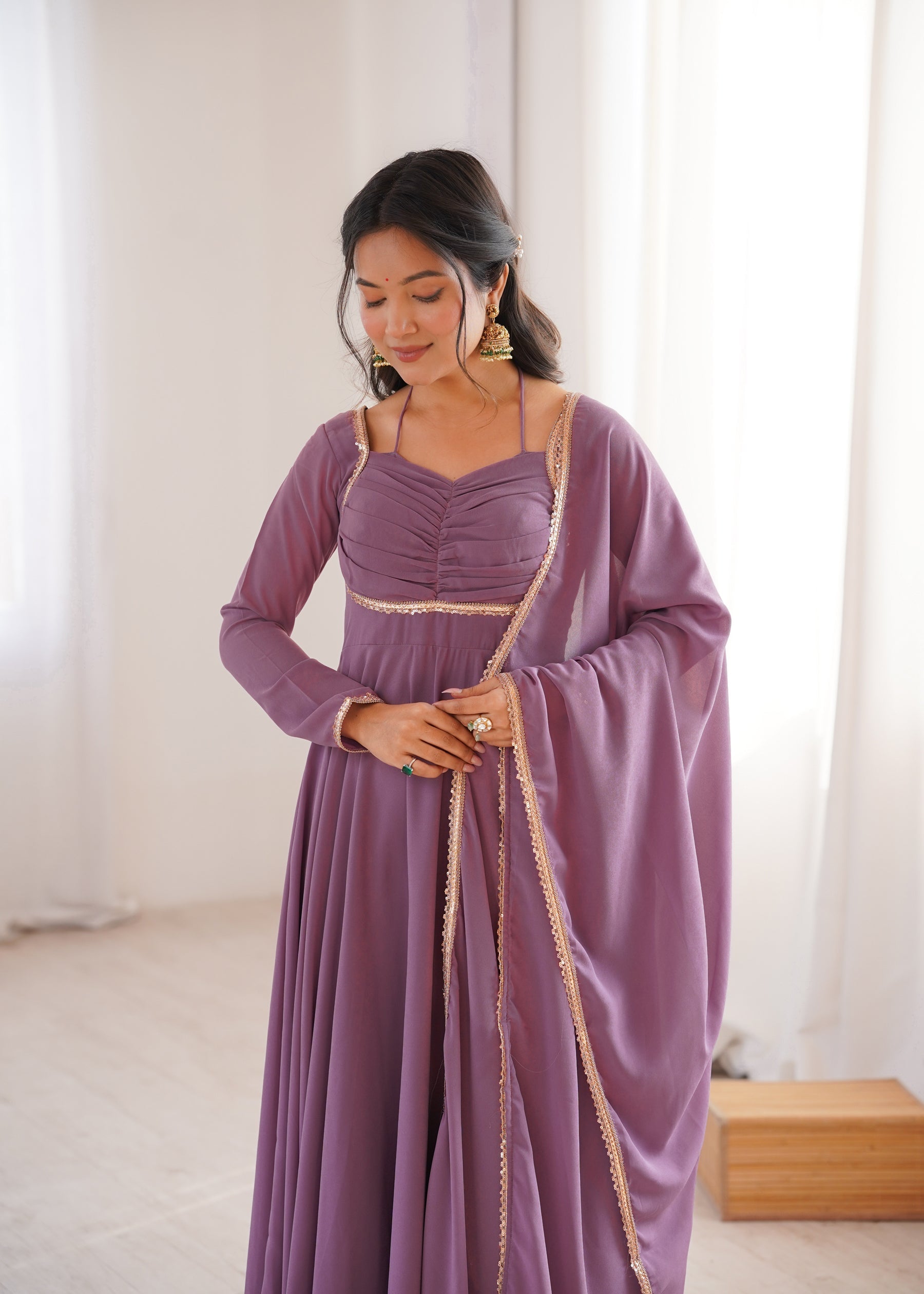 Lorenvalley Fashion Mauve Faux Georgette Fancy Designer Yoke Dori Neck Anarkali Gown with Dupatta